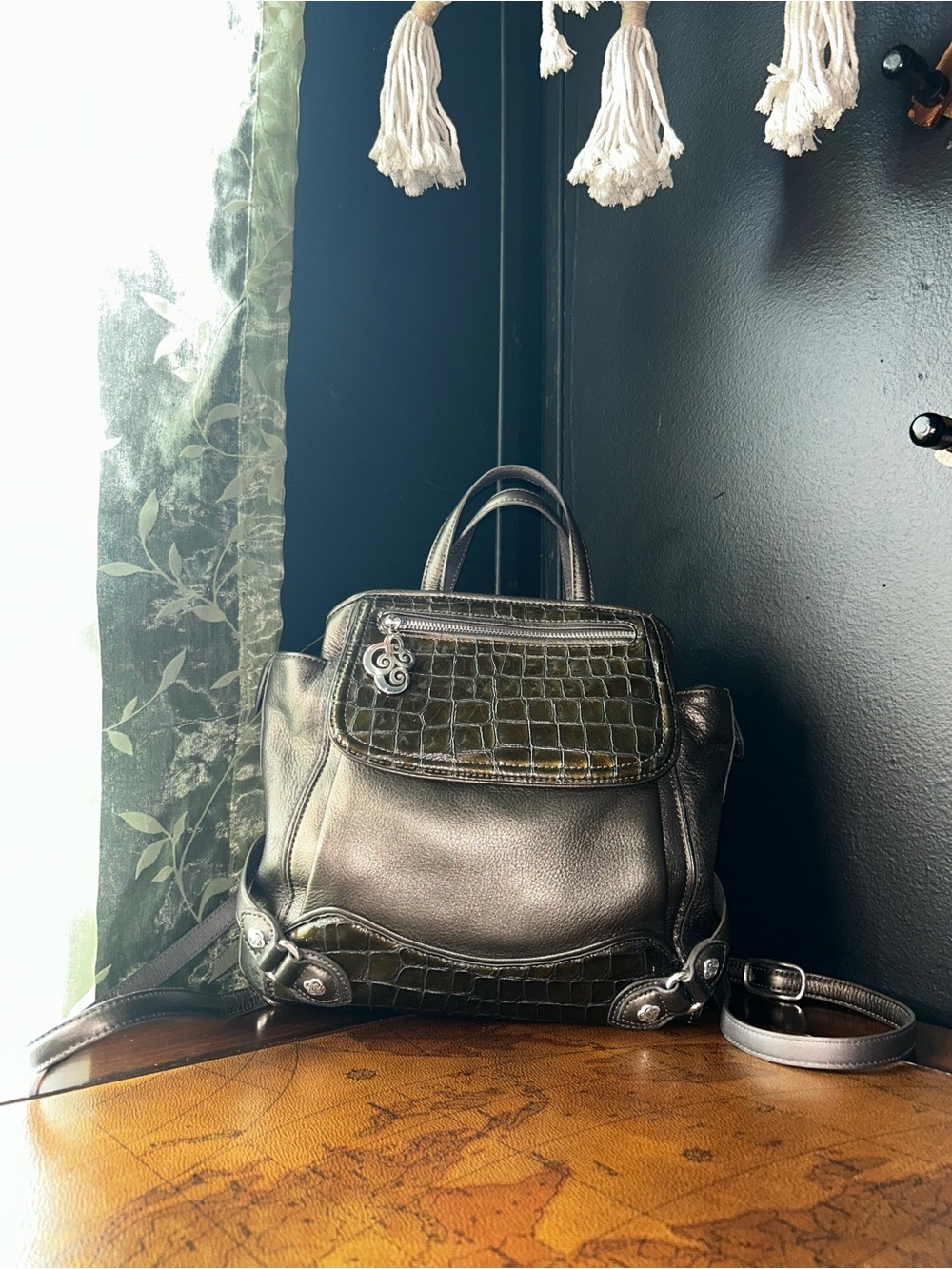 Vintage Brighton Metallic Pewter & Olive Croc Embossed Leather Backpack Handbag.
